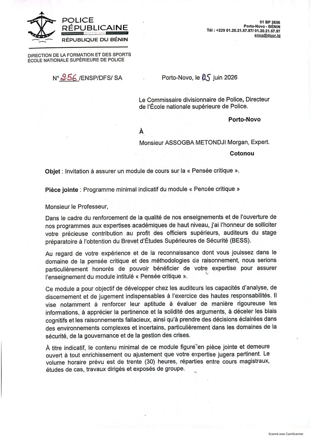 Lettre officielle de l'École Nationale Supérieure de Police invitant Morgan Assogba Metondji à assurer le module Pensée critique